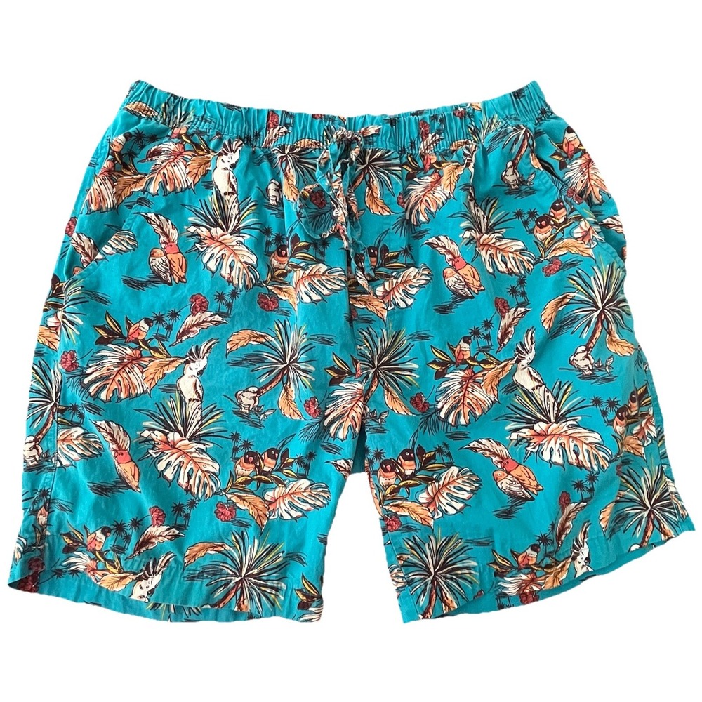 Super Massive Men's Shorts L Blue‎ Tropical Bird Print 100% Cotton Elastic Waist
